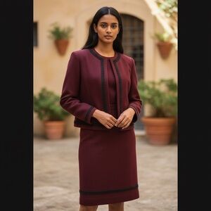 Vintage Herman Geist Wool Skirt Suit Burgundy Classic 80s Size Small